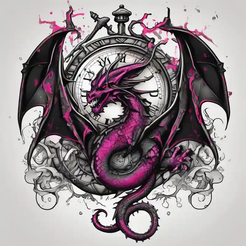 Dark dragon tattoo with clock, dollars and cancer zodiac sign on background glitter tattoo – Watercolor, Vibrant color